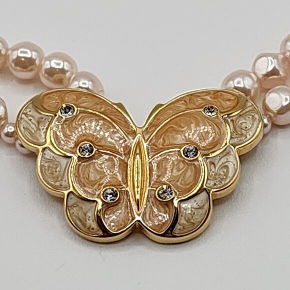 Vintage KJL For Avon Faux Pearl, Enamel Butterfly Necklace - Picture 3 of 12